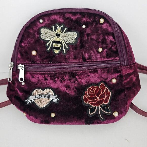 The Children's Place Burgundy Velvet Mini Backpack With Bead/Sequin Appliques - Picture 1 of 14
